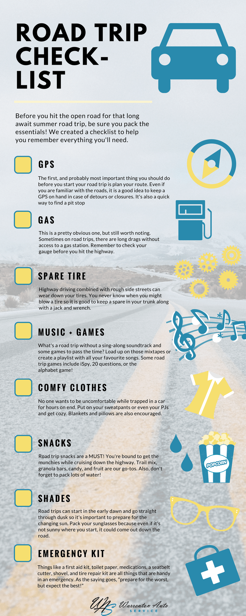 Infographic Road Trip Check-List includes GPS, Gas, Spare Tire, Music & Games, Comfy Clothes, Snacks, Shades, and Emergency Kit